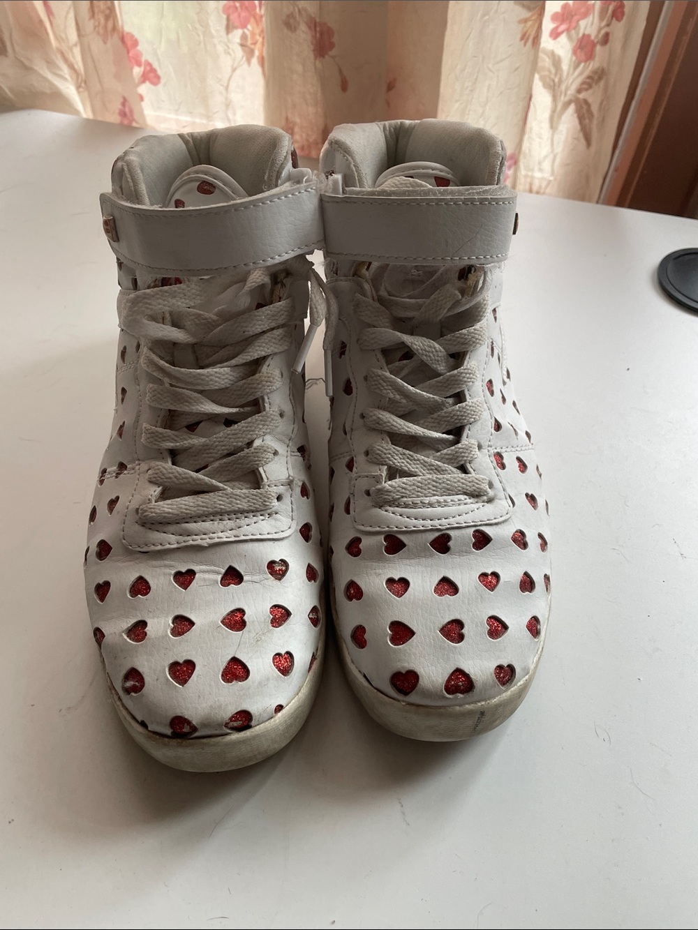 Women’s White High-Top Sneakers with Red Heart Accents